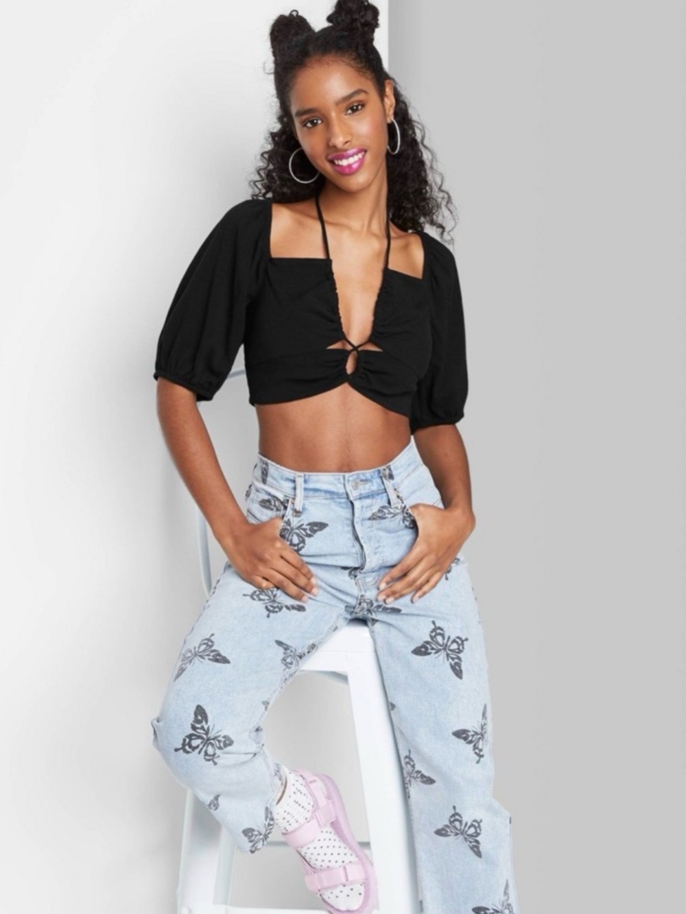 wild fable Black Cropped Ruched Tie-Front Puff Sleeve Top